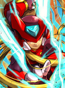 Rule 34 | 1boy, armor, blonde hair, commentary request, electricity, helmet, light particles, long hair, looking at viewer, male focus, mega man (series), mega man zero (series), orange background, parted lips, pechka, red armor, red eyes, red helmet, solo, very long hair, zero (mega man)