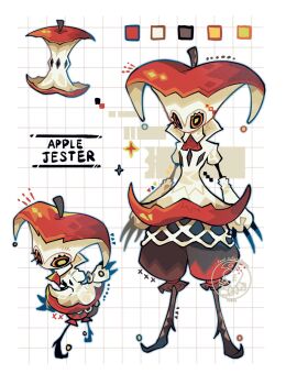 1other apple apple_core ascot asymmetrical_gloves black_eyes black_skin claws collar colored_sclera colored_skin english_text food fruit full_body gloves graph_paper hat hat_bell highres jester jester_cap jester_costume looking_at_viewer multicolored_eyes multiple_views original personification puffy_shorts r0si3 red_ascot red_eyes reference_sheet seed short_sleeves shorts sparkle two-tone_ascot two-tone_shorts white_skin yellow_ascot yellow_sclera