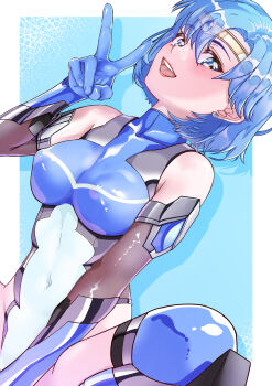 1girl absurdres arion_canvas bishoujo_senshi_sailor_moon blue_eyes blue_gemstone blue_hair circlet covered_erect_nipples gem highleg highleg_leotard highres leotard lips mizuno_ami sailor_mercury short_hair smile solo spread_legs squatting swept_bangs taimanin_suit v