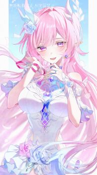 1girl absurdres blue_flower blue_rose blush breasts commentary cyrene_(honkai:_star_rail) diamond-shaped_pupils diamond_(shape) dress earrings flower hair_flower hair_ornament highres honkai:_star_rail honkai_(series) jewelry jujube_2513 long_hair looking_at_viewer medium_breasts open_mouth pink_hair planet_earrings pointy_ears purple_eyes rose smile solo symbol-shaped_pupils very_long_hair white_dress white_flower white_rose