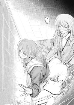 2girls absurdres against_wall ass bang_dream! bang_dream!_it's_mygo!!!!! blush chihaya_anon commentary fang fingering funame111 haneoka_school_uniform highres jacket long_hair multiple_girls nagasaki_soyo necktie open_mouth school_uniform shirt skin_fang tsukinomori_school_uniform yuri