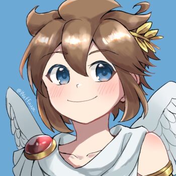 1boy ahoge angel angel_wings artist_name blue_background blue_eyes brown_hair closed_mouth commentary_request feathered_wings kid_icarus kid_icarus_uprising laurel_crown male_focus nintendo pit_(kid_icarus) portrait scarf short_hair single_bare_shoulder smile solo twitter_username waffuum white_scarf white_wings wings