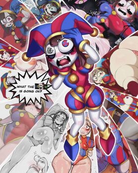 1girl artist_request ass ass_focus ass_shake blue_eyes bob_cut breasts brown_hair censored creature depressed forced from_behind full_body glitch_productions gloves hat highres huge_ass jester jester_cap large_breasts leotard looking_at_another medium_breasts medium_hair meme multicolored_hair multicolored_leotard multiple_views pomni_(the_amazing_digital_circus) red_eyes red_gloves restrained scared sex shiny_skin short_sleeves slush5244 surprised sweat the_amazing_digital_circus third-party_edit trembling two-tone_leotard