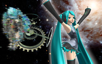 1girl 3d aqua_eyes aqua_hair detached_sleeves female_focus galaxy hatsune_miku headphones headset highres long_hair microphone necktie skirt solo space twintails very_long_hair vocaloid