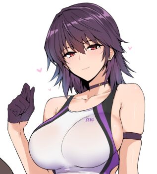 1girl arm_strap bare_shoulders black_gloves blush breasts choker closed_mouth collarbone commentary_request competition_swimsuit earrings gloves halcon half_gloves heart jewelry large_breasts looking_at_viewer medium_hair one-piece_swimsuit original purple_gloves purple_hair red_eyes short_hair sideboob simple_background skindentation smile solo swimsuit upper_body white_background white_one-piece_swimsuit