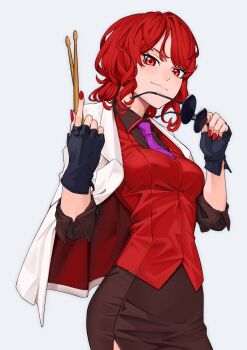 1girl breasts brown_shirt brown_skirt closed_mouth collared_shirt drumsticks fingerless_gloves gloves hashtag-only_commentary highres holding holding_drumsticks holding_removed_eyewear horikawa_raiko jacket kashiwagi_(pixiv35005989) looking_at_viewer medium_breasts medium_hair nail_polish necktie no_headwear purple_necktie red_eyes red_hair red_nails red_vest round_eyewear shirt skirt smile solo sunglasses touhou unworn_eyewear vest wavy_hair white_jacket