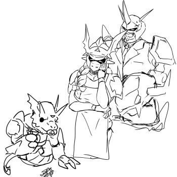 digimon digimon_(creature) dragon dukemon family highres looking_at_another megidramon monochrome omegamon pacifier tail what