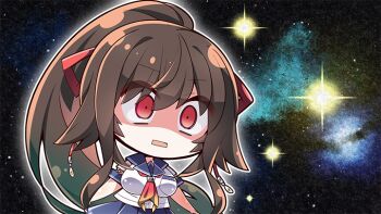 1girl akaneya amakano_2 blue_skirt breasts brown_hair chibi chibi_only constricted_pupils eyes_visible_through_hair hair_between_eyes hair_ribbon high_ponytail kurohime_yuuhi long_hair looking_at_viewer neckerchief official_art open_mouth pleated_skirt ponytail rectangular_mouth red_eyes red_neckerchief red_ribbon ribbon school_uniform serafuku shirt short_sleeves skirt solo space sparkle star_(sky) surprised very_long_hair white_shirt