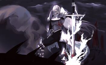 1girl absurdres armor blood blood_on_clothes blood_splatter breastplate burning cloud cloudy_sky dark_cloud fins fire floating_hair highres holding holding_sword holding_weapon jiejiepen light_rays long_hair nephis_(shadow_slave) planted planted_sword planted_weapon serious shadow_slave shin_guards shoulder_armor skull sky solo sword very_long_hair weapon white_fire white_hair wind