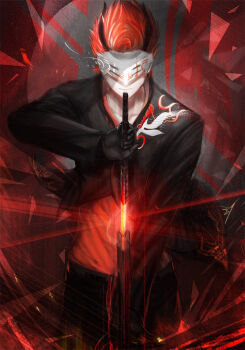 1boy adam_taurus black_gloves black_jacket black_pants ex-trident gloves glowing glowing_sword glowing_weapon horns jacket male_focus mask pants red_hair rwby sheath solo sword unsheathing weapon