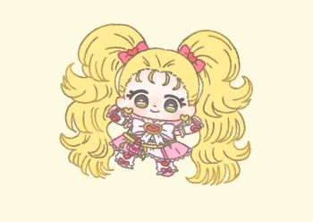 1girl absurdly_long_hair bag_bow bow bowtie brooch chibi closed_mouth commentary dot_nose dress earrings eyelashes footwear_bow forehead frilled_arm_warmers frilled_leg_warmers futari_wa_precure futari_wa_precure_max_heart gold_earrings hair_bow hair_ornament happy heart heart_brooch heart_earrings heart_hair_ornament heart_print ichigo_usuhana jewelry kujou_hikari lace lace-trimmed_dress lace_trim leg_warmers light_blush long_hair looking_at_viewer magical_girl medium_dress messy_hair outstretched_arms pink_bag pink_bow pink_bowtie pink_dress pink_shoes precure shiny_luminous shoes short_sleeves simple_background smile solo tareme twintails very_long_hair waist_bag white_arm_warmers white_leg_warmers yellow_background yellow_eyes