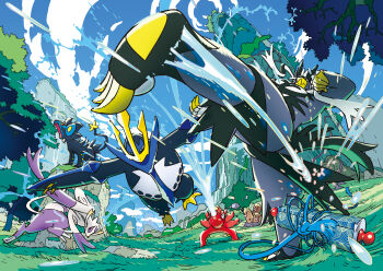 absurdres artist_request blue_eyes blue_sky claws closed_mouth cloud colored_sclera day dugtrio empoleon fangs gen_1_pokemon gen_2_pokemon gen_4_pokemon gen_5_pokemon gen_8_pokemon grass high_kick highres kicking legendary_pokemon luxray mienshao nintendo nostrils octillery official_art open_mouth outdoors outstretched_arms pokemon pokemon_(creature) pokemon_focus pokemon_tcg red_eyes red_sclera scroll sky spread_arms third-party_source tree urshifu urshifu_(rapid) water yellow_eyes