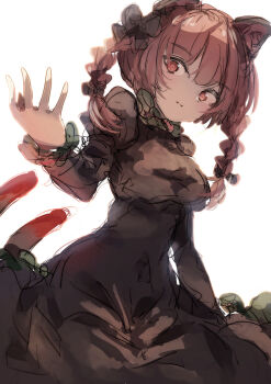 1girl animal_ears black_dress braid breasts cat_ears cat_girl cat_tail closed_mouth commentary_request dress highres juliet_sleeves kaenbyou_rin large_breasts long_hair long_sleeves looking_at_viewer multiple_tails natsume_suzuri puffy_sleeves red_eyes red_hair side_braids simple_background solo tail touhou twin_braids two_tails white_background