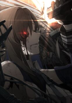 1girl aiming android black_gloves blood bloody_tears blue_necktie breasts brown_hair closed_eyes collared_shirt commentary dried_blood from_side gloves glowing glowing_eye goddess_of_victory:_nikke gun handgun highres holding holding_gun_barrel hosun large_breasts long_hair marian_(nikke) mechabare necktie parted_lips red_eyes scene_reference shirt smile spoilers upper_body weapon white_shirt