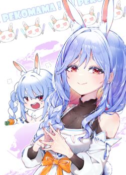 2girls animal_ear_fluff animal_ears bare_shoulders blue_hair bow braid breasts carrot_hair_ornament character_name cleavage closed_mouth collarbone colored_inner_hair detached_sleeves dot_nose food-themed_hair_ornament glowstick hair_ornament heart highres hololive long_hair looking_at_viewer mature_female multicolored_hair multiple_girls open_mouth orange_bow orange_ribbon own_hands_clasped own_hands_together pekomama pekomon_(usada_pekora) rabbit_ears rabbit_girl rabbit_tail red_eyes ribbon see-through_clothes shiny_skin sia_6767 smile sweat tail teeth thick_eyebrows two-tone_hair upper_body upper_teeth_only usada_pekora virtual_youtuber white_hair