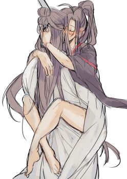Rule 34 | 2boys, ahoge, amana raika, bare legs, barefoot, black hair, black hanfu, blush, brown hair, carrying, carrying person, chinese clothes, closed eyes, commentary request, couple, ear blush, hair bun, hanfu, highres, hug, implied kiss, kiss, lan wangji, leg lock, long hair, male focus, modao zushi, multiple boys, ponytail, robe, sidelocks, simple background, sketch, topknot, very long hair, wei wuxian, white background, white hanfu, wide sleeves, xiao guan (headdress), yaoi