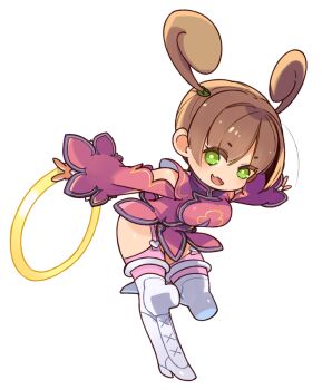 Rule 34 | 1girl, :d, boots, breasts, brown hair, capcom, chibi, dress, full body, green eyes, june lin milliam, long hair, looking at viewer, mota, open mouth, simple background, smile, solo, star gladiator, thigh boots, thighhighs, twintails, weapon, white background