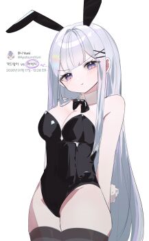 Rule 34 | 1girl, absurdres, animal ears, ayatsuno yuni, bare shoulders, black bow, black leotard, blush, bow, bowtie, breasts, cleavage, closed mouth, commentary request, cowboy shot, detached collar, fake animal ears, fake tail, gwi dong nyang, hair ornament, highres, korean commentary, leotard, long hair, looking at viewer, medium breasts, mole, multicolored hair, playboy bunny, purple eyes, purple hair, rabbit ears, rabbit tail, solo, standing, stellive, strapless, strapless leotard, tail, thighhighs, very long hair, virtual youtuber, white background, wrist cuffs