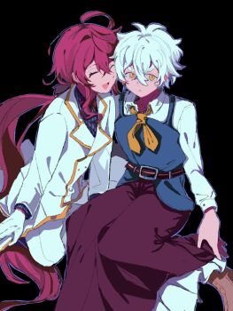 Rule 34 | 2boys, :<, ahoge, character request, closed eyes, closed mouth, commentary request, dress, evefes0805, frilled dress, frills, gold trim, highres, long hair, multiple boys, neckerchief, ponytail, re:zero kara hajimeru isekai seikatsu, red dress, red hair, regulus corneas, reinhard van astrea, short hair, smile, very long hair, yellow eyes, yellow neckerchief