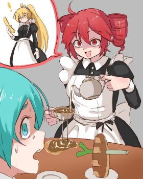 ! 3girls ahoge akita_neru apron aqua_eyes aqua_hair baguette black_bow black_dress blonde_hair blush bow bread buttons cellphone commentary_request cup dot_nose dress drill_hair flip_phone food frills frozen grey_background hair_between_eyes hatsune_miku highres holding holding_phone holding_teapot kasane_teto maid maid_apron multiple_girls nervous open_mouth oshiborijudenki paralysis phone puffy_sleeves red_eyes red_hair scared sidelocks simple_background spilled_drink spilling spoken_character spring_onion table tea teacup teapot teeth triple_baka_(group) twin_drills upper_teeth_only utau vocaloid waist_apron white_apron wing_collar yellow_eyes