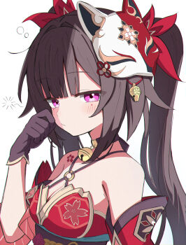 1girl armpit_crease bare_shoulders bell black_choker black_sash brown_hair butterfly-shaped_pupils choker circle_facial_mark commentary_request criss-cross_halter dress flower_tattoo fox_mask half-closed_eyes halterneck hand_on_own_face highres honkai:_star_rail honkai_(series) long_hair looking_at_viewer mark_under_both_eyes mask mask_on_head neck_bell pink_eyes red_dress red_sleeves sasanekomaru sash simple_background sleepy solo sparkle_(honkai:_star_rail) squeans symbol-shaped_pupils tattoo twintails upper_body white_background