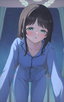 1girl absurdres airi_(blue_archive) black_hair blue_archive blue_pajamas blue_pants blue_shirt blush breasts cleavage collarbone commentary_request covered_groin green_eyes green_halo halo highres long_hair looking_at_viewer medium_breasts natsumeg pajamas pants parted_lips pov shirt solo
