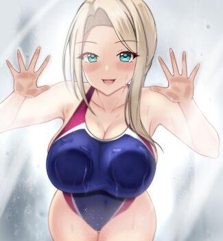 1girl :d against_glass aqua_eyes bare_arms blonde_hair blue_one-piece_swimsuit blush breast_press breasts breasts_on_glass cleavage collarbone commentary_request competition_swimsuit hand_on_glass highres kantai_collection large_breasts long_hair looking_at_viewer montemasa one-piece_swimsuit open_mouth parted_bangs shower_(place) smile solo standing steam swimsuit thighs wasp_(kancolle)
