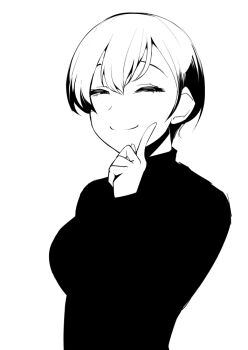 Rule 34 | 1girl, breasts, closed mouth, commentary request, empty eyes, greyscale, half-closed eyes, looking at viewer, medium breasts, monochrome, original, sadahiro (chicken nugget gyuuniku aji), short hair, simple background, smile, solo, sweater, turtleneck, turtleneck sweater, upper body, v