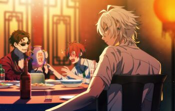 3boys =_= amayado_rei antenna_hair aohitsugi_samatoki aqua_streaks architecture beer_bottle black_hair blurry blurry_background blush bowl captive_bead_ring chair cheekbones collarbone collared_shirt commentary_request cup curtained_hair depth_of_field drinking_glass drunk ear_piercing earrings east_asian_architecture enmto eyelashes facing_another food food_request from_behind green_necktie grin hair_between_eyes holding_jug hypnosis_mic indoors jewelry jug_(bottle) kannonzaka_doppo lantern light_particles long_sleeves looking_at_viewer looking_back loose_necktie male_focus mature_male multicolored_hair multiple_boys multiple_piercings necktie open_mouth parted_bangs parted_lips partially_unbuttoned pectoral_cleavage pectorals piercing pinstripe_pattern pinstripe_shirt plate profile raised_inner_eyebrows reaching reaching_towards_another red_eyes red_hair red_shirt restaurant shirt short_hair short_sleeves shot_glass sitting sleeves_rolled_up smile squeans streaked_hair sunglasses table v-shaped_eyebrows wavy_hair wavy_mouth white_hair white_shirt wooden_chair wooden_table