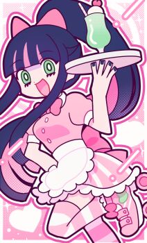 1girl back_bow ben-day_dots blue_hair blue_nails bow bowtie breasts cocktail colored_inner_hair frilled_skirt frills green_eyes heart highres holding holding_plate long_sidelocks multicolored_hair panty_&amp;_stocking_with_garterbelt pink_background pink_bow pink_bowtie pink_shirt pink_shoes pink_streaks plate ponytail puffy_short_sleeves puffy_sleeves roller_skates screentones shirt shoes short_sleeves sidelocks skates skirt stocking_(psg) striped_clothes striped_skirt striped_thighhighs thighhighs tukinoyoru336 waitress