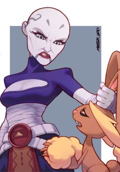 animal_ears asajj_ventress bald bandages breasts crossover gen_4_pokemon looking_down lopunny mateus_upd medium_breasts nintendo open_cleavage pokemon pokemon_(creature) rabbit_ears smirk star_wars