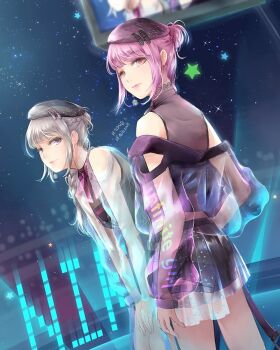 2girls a.tong audience bare_legs bare_shoulders before_the_dawn_(shining_nikki) beret black_bow black_bowtie black_shirt black_shorts bow bowtie braid brooch brown_eyes chinese_commentary clothing_cutout commentary cowboy_shot cropped_shirt dual_persona expressionless eyelashes grey_eyes grey_hair grey_hat grey_jacket grey_shirt hair_bun half_up_braid hands_on_own_knees happy hat headset idol jacket jacket_partially_removed jewelry lace lace-trimmed_shirt lace_trim leaning_forward light_particles light_smile long_sleeves looking_ahead looking_at_another midriff miniskirt multiple_girls night night_sky nikki_(series) official_alternate_color open_clothes open_jacket outdoors pink_hair pleated_skirt puffy_long_sleeves puffy_sleeves purple_bow purple_bowtie purple_hat purple_jacket see-through_clothes see-through_headwear see-through_jacket see-through_skirt see-through_sleeves shining_nikki shirt short_hair short_shorts shorts shorts_under_skirt shoulder_cutout single_hair_bun skirt sky sleeveless sleeveless_shirt sleeves_past_wrists stage stage_lights star_(sky) star_(symbol) starry_sky turtleneck turtleneck_shirt white_skirt