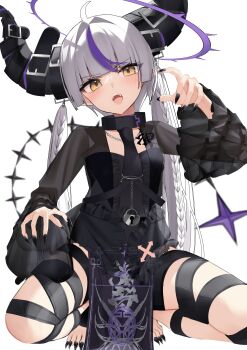 1girl absurdres ahoge barefoot black_collar black_horns black_jacket black_nails black_necktie braid center_frills collar commentary_request demon_girl demon_horns feet frilled_sleeves frills grey_hair halo hand_up highres hololive horn_belt horns jacket la+_darknesss la+_darknesss_(5th_costume) lapels leg_belt long_hair looking_at_viewer low_twin_braids metal_collar multicolored_hair nail_polish necktie notched_lapels official_alternate_costume open_mouth pelvic_curtain pointy_ears purple_hair see-through_clothes see-through_jacket sharp_toenails simple_background slit_pupils solo squatting streaked_hair tail thomas_8000 toenail_polish toenails toes twin_braids very_long_hair virtual_youtuber white_background wide_sleeves yellow_eyes