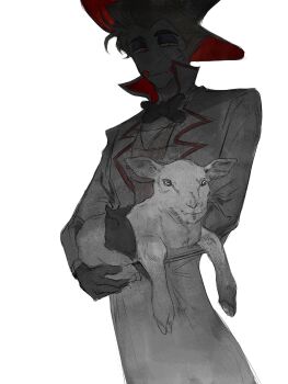 1boy absurdres animal baby_animal blush_stickers cardmeiyoulixiang demon_boy expressionless formal_clothes hat hazbin_hotel hellaverse highres holding holding_animal lamb lucifer_morningstar_(hazbin_hotel) red_eyes sheep solo spot_color suit