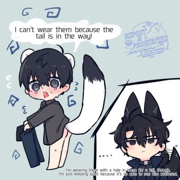 2boys @_@ ahoge animal_ears ass black_coat black_eyes black_hair black_shirt chibi chibi_only coat collared_shirt commentary curtained_hair english_commentary english_text full_body hair_between_eyes highres holding_pants kemonomimi_mode kim_dokja kimidori_22 male_focus motion_lines mouse_ears mouse_tail multiple_boys omniscient_reader&#039;s_viewpoint open_clothes open_coat pants popped_collar shirt short_hair standing tail tail_wagging unworn_pants yoo_joonghyuk