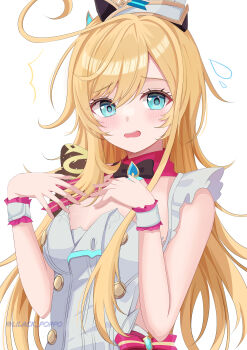1girl ^^^ absurdres apron aqua_eyes black_bow black_bowtie blonde_hair blush bow bowtie commentary_request escoffier_(genshin_impact) genshin_impact hat heart heart_in_eye highres lilack_gg long_hair open_mouth simple_background solo symbol_in_eye twitter_username upper_body white_apron white_background white_hat white_wrist_cuffs wrist_cuffs