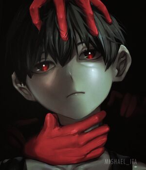 1boy absurdres artist_name asphyxiation bags_under_eyes bare_shoulders black_background black_hair black_tank_top bright_pupils closed_mouth collarbone colored_skin commentary english_commentary eyebrows_hidden_by_hair film_grain frown grey_skin hair_behind_ear hair_between_eyes head_tilt highres looking_at_viewer male_focus mishael_ita omori omori_(omori) portrait red_eyes short_hair simple_background solo strangling tank_top upturned_eyes very_short_hair white_pupils