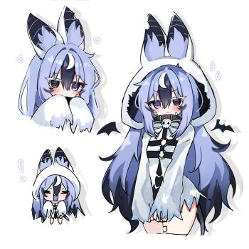 ! 1girl :/ :d ahoge animal_ear_fluff animal_ears bandaid bandaid_on_face bandaid_on_leg bat_ears bat_girl bat_hood belt_collar black_hair blue_ribbon blush breasts chibi chibi_inset closed_eyes closed_mouth collar commentary commission cowboy_shot dress english_commentary frown full_body ghost_pose gradient_hair grey_eyes hair_between_eyes hair_intakes head_tilt heart heterochromia highres hood hood_up hooded_dress jewelry jitome long_bangs long_hair long_sidelocks long_sleeves looking_at_viewer loose_hair_strand multicolored_hair multiple_views n0ran3ko neck_ribbon necklace open_mouth original portrait purple_eyes purple_hair ribbon sidelocks skull_necklace sleeves_past_fingers sleeves_past_wrists small_breasts smile solo standing streaked_hair thick_thighs thighs tsurime unkempt white_background white_dress white_hair white_hood