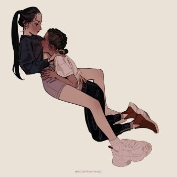 2girls alternate_costume alternate_design alternate_hairstyle ankle_socks artist_name asian black_eyes black_hair black_pants black_sweater blush bracelet brown_hair closed_mouth clothes_lift ear_piercing earrings enilehtnorevol eye_contact feng_xin genderswap genderswap_(mtf) grey_shorts hair_pulled_back hand_on_another&#039;s_back hand_on_another&#039;s_hip hand_on_another&#039;s_shoulder head_on_chest high-waist_shorts highres invisible_chair jewelry kneeling long_hair looking_at_another low_twintails midriff_peek mu_qing_(tianguan_cifu) multiple_girls pants piercing ponytail red_shoes shirt shoes short_hair short_twintails shorts simple_background sitting socks streetwear striped_clothes striped_shorts stud_earrings sweater sweater_lift t-shirt tan thick_eyebrows tianguan_cifu track_pants twintails vertical-striped_clothes vertical-striped_shorts white_background white_shirt white_shoes white_socks yuri