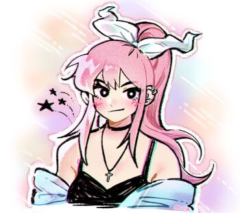 1girl alternate_costume alternate_hairstyle artist_name aubrey_(faraway)_(omori) aubrey_(omori) black_choker black_eyes blush bright_pupils bu3hgg choker chromatic_aberration closed_mouth cross cross_necklace double-parted_bangs ear_piercing hair_ribbon highres jewelry long_hair looking_at_viewer necklace omori outline piercing pink_hair ponytail ribbon sidelocks smile solo twitter_username upper_body white_outline white_pupils white_ribbon