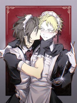 Rule 34 | 2boys, absurdres, alternate costume, apron, atou haruki, black dress, black gloves, blonde hair, blush, bow, bowtie, brown hair, collared dress, commentary, constricted pupils, crossdressing, crossdressing (mtf), dress, enmaided, film grain, frilled apron, frilled gloves, frills, glint, gloves, green eyes, hand on another's chin, highres, holding, holding ladle, isoi reiji, ladle, long sleeves, maid, maid headdress, male focus, male maid, multiple boys, pale skin, red bow, red bowtie, red eyes, saibou shinkyoku, short hair, short sleeves, symbol-only commentary, voltmeter f, white apron, yaoi
