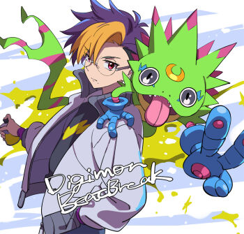 Rule 34 | 1boy, animal, animal on shoulder, black shirt, blonde hair, blue hair, copyright name, cowboy shot, digimon, digimon (creature), digimon beatbreak, futa yuri ryona, gecko, gekkomon, glasses, grey eyes, hand in pocket, holding, holding spray can, jacket, lightning bolt print, male focus, mole, mole under mouth, multicolored hair, print shirt, purple eyes, round eyewear, sharp teeth, shirt, short hair, simple background, spray can, spray paint, teeth, tenma tomoro, tongue, tongue out, two-tone hair, v, white background, white jacket