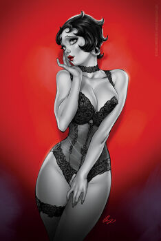 1girl artist_name betty_boop betty_boop_(series) black_hair breasts choker cleavage colored_skin earrings elias_chatzoudis grey_eyes grey_skin jewelry lace lace_choker large_breasts lingerie red_background red_lips short_hair signature solo underwear