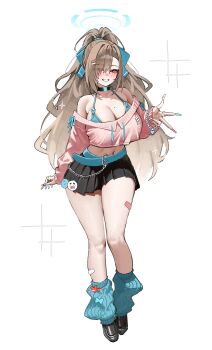 1girl absurdres asuna_(blue_archive) asymmetrical_bangs bandaid bandaid_on_leg belt black_shoes black_skirt blonde_hair blue_archive blue_belt blue_bow blue_bra blue_eyes blue_halo blue_ribbon blue_socks blush bow bra breasts cleavage fingernails grin hair_over_one_eye halo highres kono_(xerondan321) large_breasts long_fingernails long_hair looking_at_viewer midriff mole mole_on_breast navel off_shoulder ponytail ribbon shoes simple_background skirt smile socks solo underwear very_long_fingernails w white_background