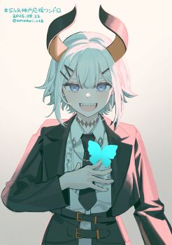1girl absurdres black_horns black_jacket black_necktie blue_eyes bug butterfly collared_shirt commentary dated hair_ornament hairclip hashtag-only_commentary highres horns insect jacket levi_elipha long_sleeves looking_at_viewer multicolored_horns necktie nijisanji open_mouth orange_horns sharp_teeth shirt simple_background solo teeth torino_kawazu twitter_username two-tone_horns upper_teeth_only virtual_youtuber white_hair white_shirt