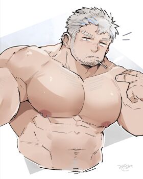 1boy abs bara barbell_piercing blue_hair cropped_torso ear_piercing eyebrow_piercing face_piercing facial_hair goatee_stubble grey_eyes grey_hair highres industrial_piercing large_pectorals long_sideburns looking_at_viewer male_focus mature_male mikiya_(mine_miki0840) multicolored_hair muscular muscular_male mustache_stubble navel_hair nipple_piercing nipples original pectorals piercing sanpaku short_hair sideburns signature simple_background smoking solo sparse_chest_hair streaked_hair stubble thick_arms thick_eyebrows topless_male two-tone_hair