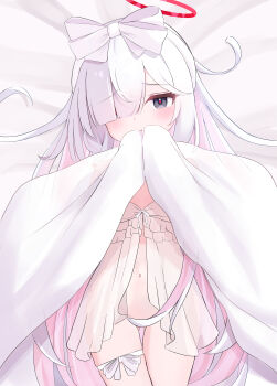 1girl :t absurdly_long_hair absurdres bed_sheet blanket blue_archive blush bottomless bow braid closed_mouth colored_inner_hair covering_with_blanket cowboy_shot curly_ends dot_nose flat_chest frills gluteal_fold grey_eyes hair_between_eyes hair_bow hair_over_eyes hair_over_one_eye hair_ribbon halo hands_up herananu117 highres holding holding_blanket leg_ribbon leg_wrap light_blush lingerie loli long_hair looking_at_viewer lying multicolored_hair navel negligee no_panties on_back on_bed one_eye_covered plana_(blue_archive) pout red_halo red_pupils ribbon shy single_braid sleepwear solo thigh_gap thigh_ribbon thigh_strap thighs two-tone_hair underwear very_long_hair white_hair white_negligee white_ribbon