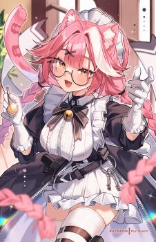 Rule 34 | 1girl, :d, animal ear fluff, animal ears, apron, bell, belt, black belt, black bow, black bowtie, black dress, bow, bowtie, braid, breasts, center-flap bangs, center frills, commentary, dress, english commentary, fangs, frilled apron, frilled gloves, frills, glasses, gloves, gun, hair intakes, hair ornament, hairclip, handgun, highres, holding, holding spoon, hololive, hololive english, incoming food, indoors, jingle bell, kuri (animejpholic), long hair, looking at viewer, low twin braids, maid, maid headdress, medium breasts, neck bell, official alternate costume, official alternate hairstyle, open mouth, panther ears, panther girl, panther tail, pink hair, pouch, puffy sleeves, raora panthera, raora panthera (maid), semi-rimless eyewear, short dress, single hair streak, skin fangs, smile, solo, spoon, tail, thigh pouch, thighhighs, twin braids, under-rim eyewear, very long hair, virtual youtuber, weapon, white gloves, white thighhighs, x hair ornament, yellow eyes