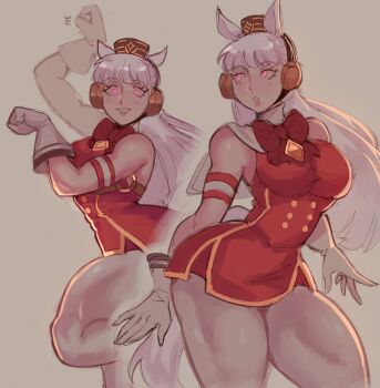 1girl absurdres animal_ears blunt_bangs bow bowtie breasts brown_hat commentary dress ear_bow ear_ornament ear_ribbon english_commentary gloves gold_ship_(red_strife)_(umamusume) gold_ship_(umamusume) grey_hair hat highres horse_ears horse_girl horse_tail long_hair looking_at_viewer pillbox_hat purple_bow purple_eyes red_dress smile tail umamusume widisu