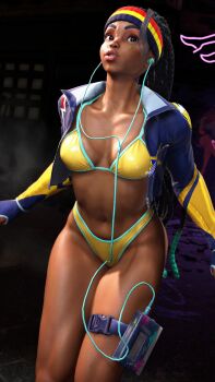 1girl 3d alternate_costume aqua_hair bikini black_hair braid breasts cleavage curvy dark-skinned_female dark_skin dreadlocks gloves highleg highleg_bikini highres jacket kimberly_jackson long_hair looking_at_viewer multicolored_hair official_alternate_costume open_clothes open_jacket ryona shiny_skin smile solo standing street_fighter street_fighter_6 swimsuit third-party_edit thong thong_bikini wide_hips yellow_bikini